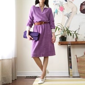 Handmade purple terry midi dress with knit white collar and cuffs